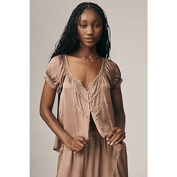 By Anthropologie Short Sleeve Silky Peasant Top M Coquette Prairie Cottage-core - Picture 1 of 13